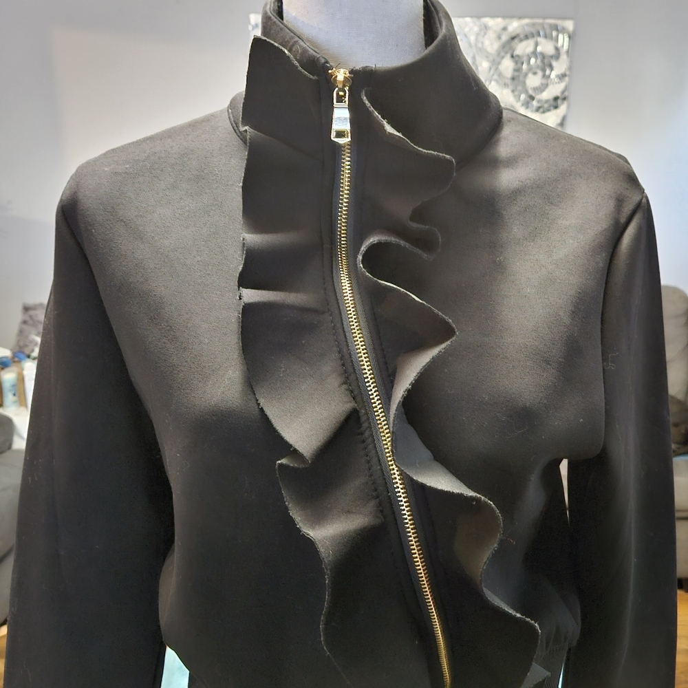 Vivid New York Black Jacket with Ruffle Detail